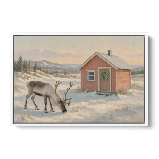 Reindeer Grazing by a Red Nordic Cabin - White Framed Canvas Wall Art - Front