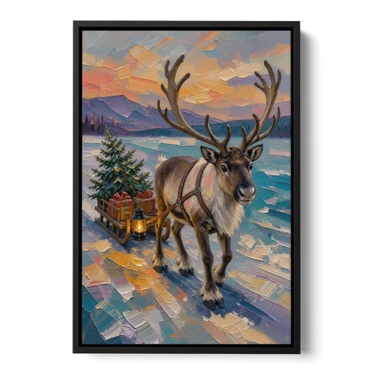 Reindeer Pulling a Tree Sled at Dusk - Black Framed Canvas Wall Art - Front