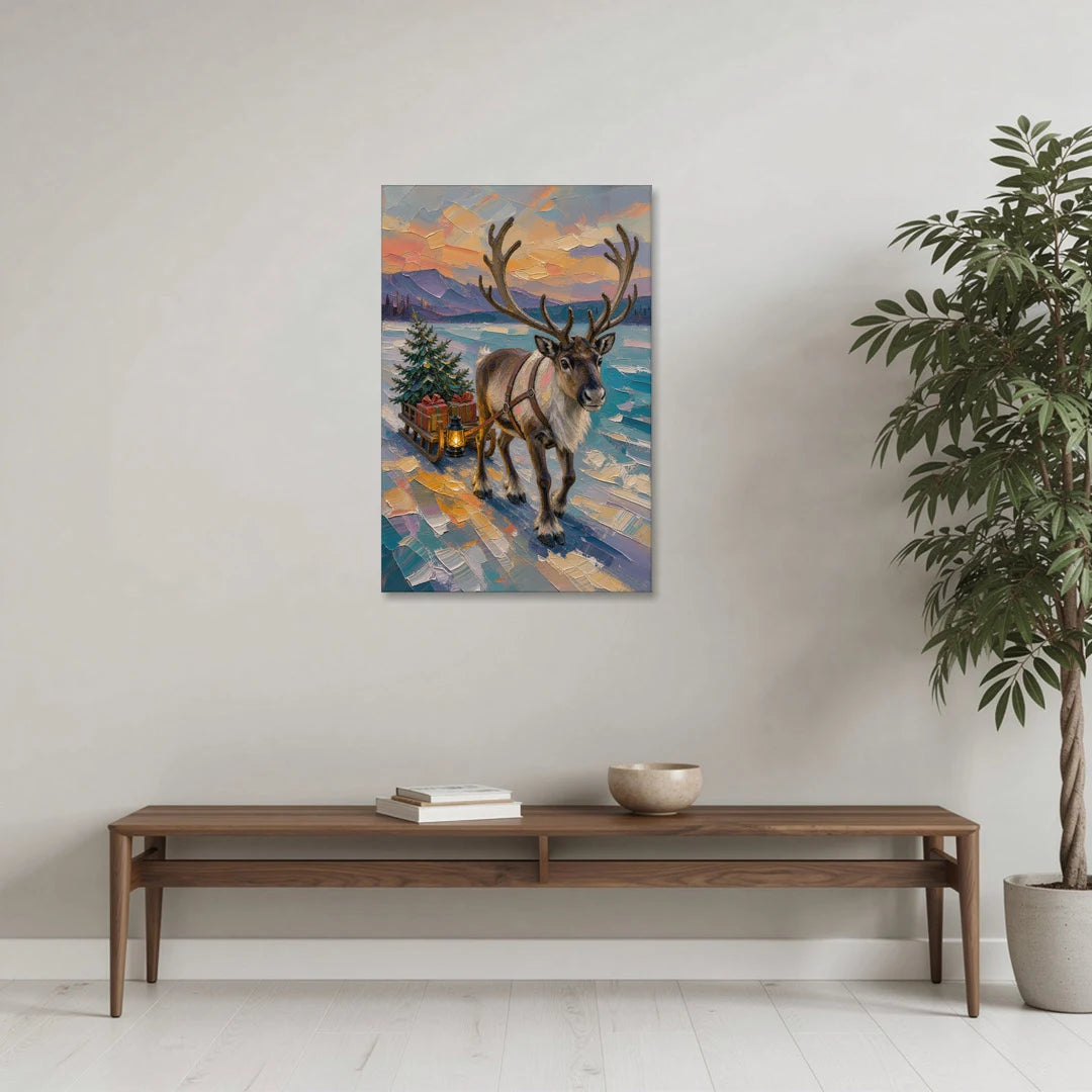 Reindeer Pulling a Tree Sled at Dusk - Canvas Wall Art - Coffee Table - 24x36