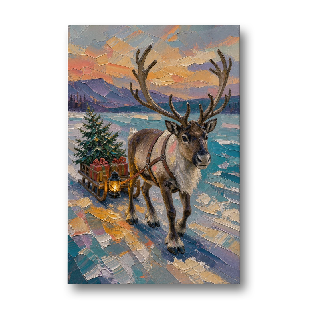 Reindeer Pulling a Tree Sled at Dusk - Canvas Wall Art - Front