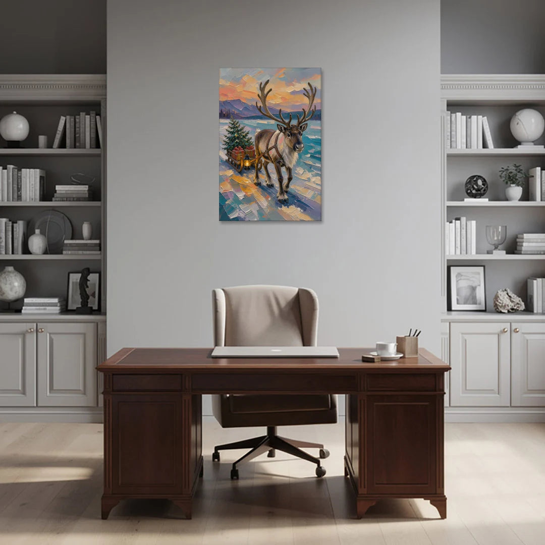 Reindeer Pulling a Tree Sled at Dusk - Canvas Wall Art - Office - 24x36