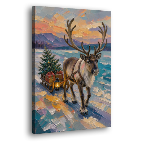 Reindeer Pulling a Tree Sled at Dusk - Canvas Wall Art