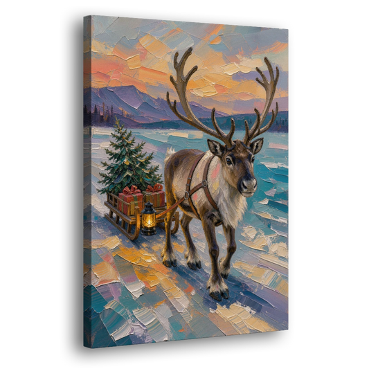 Reindeer Pulling a Tree Sled at Dusk - Canvas Wall Art - Side
