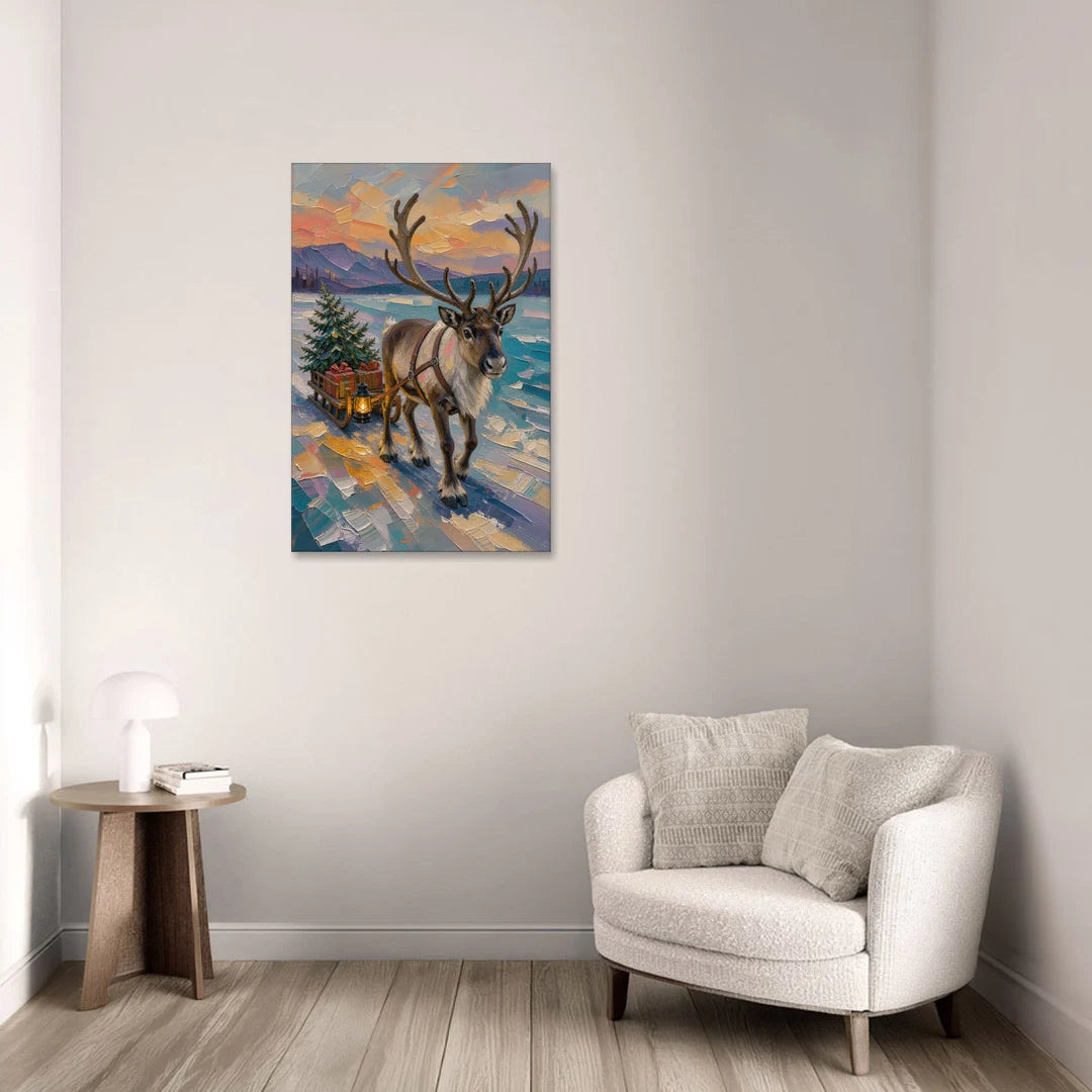Reindeer Pulling a Tree Sled at Dusk - Canvas Wall Art - Sofa - 24x36
