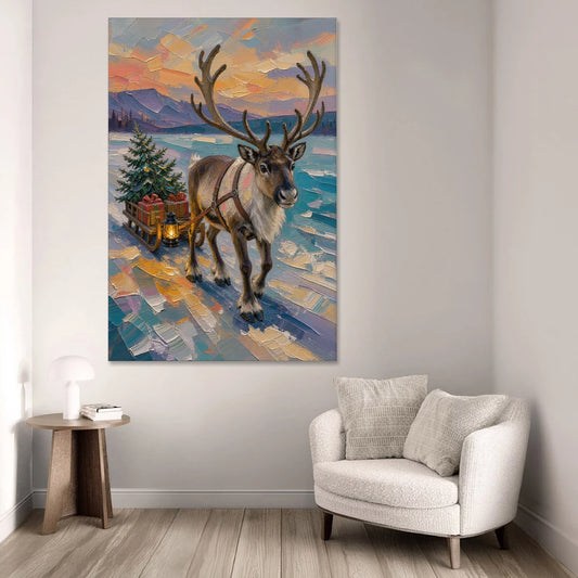Reindeer Pulling a Tree Sled at Dusk - Canvas Wall Art - Sofa - 40x60