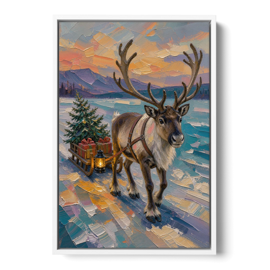 Reindeer Pulling a Tree Sled at Dusk - White Framed Canvas Wall Art - Front