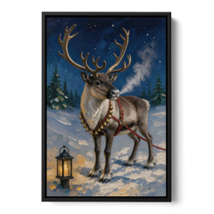 Reindeer Wall Art with Harness Bells and Lantern - Black Framed Canvas Wall Art - Front