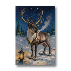 Reindeer Wall Art with Harness Bells and Lantern - Canvas Wall Art - Front