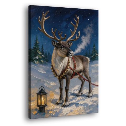Reindeer Wall Art with Harness Bells and Lantern - Canvas Wall Art - Side