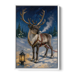 Reindeer Wall Art with Harness Bells and Lantern - White Framed Canvas Wall Art - Front