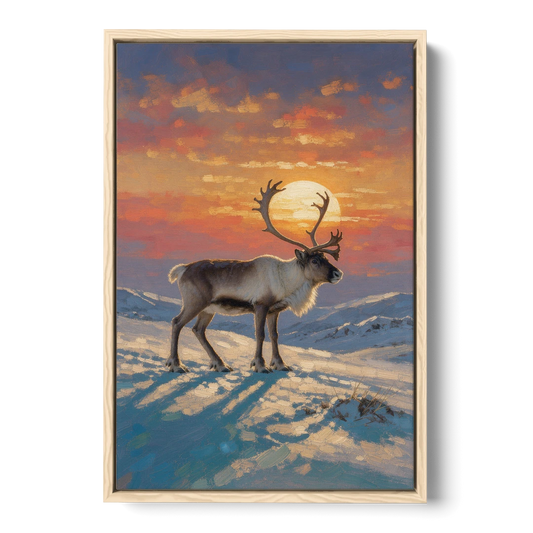 Reindeer with a Winter Sun for the Living Room - Oak Framed Canvas Wall Art - Front