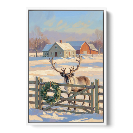 Reindeer at the Farmhouse Gate - White Framed Canvas Wall Art - Front