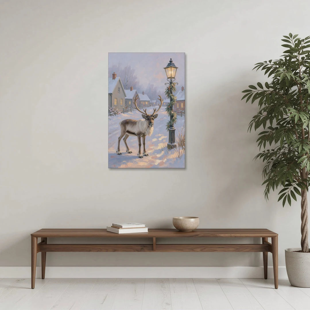 Reindeer by the Garland Lamp Post - Canvas Wall Art - Coffee Table - 24x36