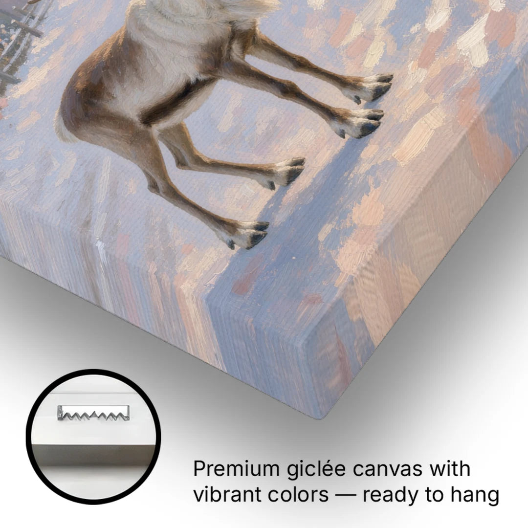 Reindeer by the Garland Lamp Post - Canvas Wall Art - Gallery Wrap Corner