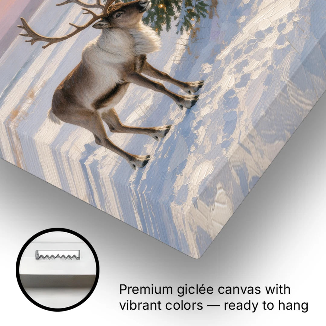 Reindeer by the Ribbon Fir - Christmas Canvas Wall Art for Living Room - Canvas Wall Art - Gallery Wrap Corner