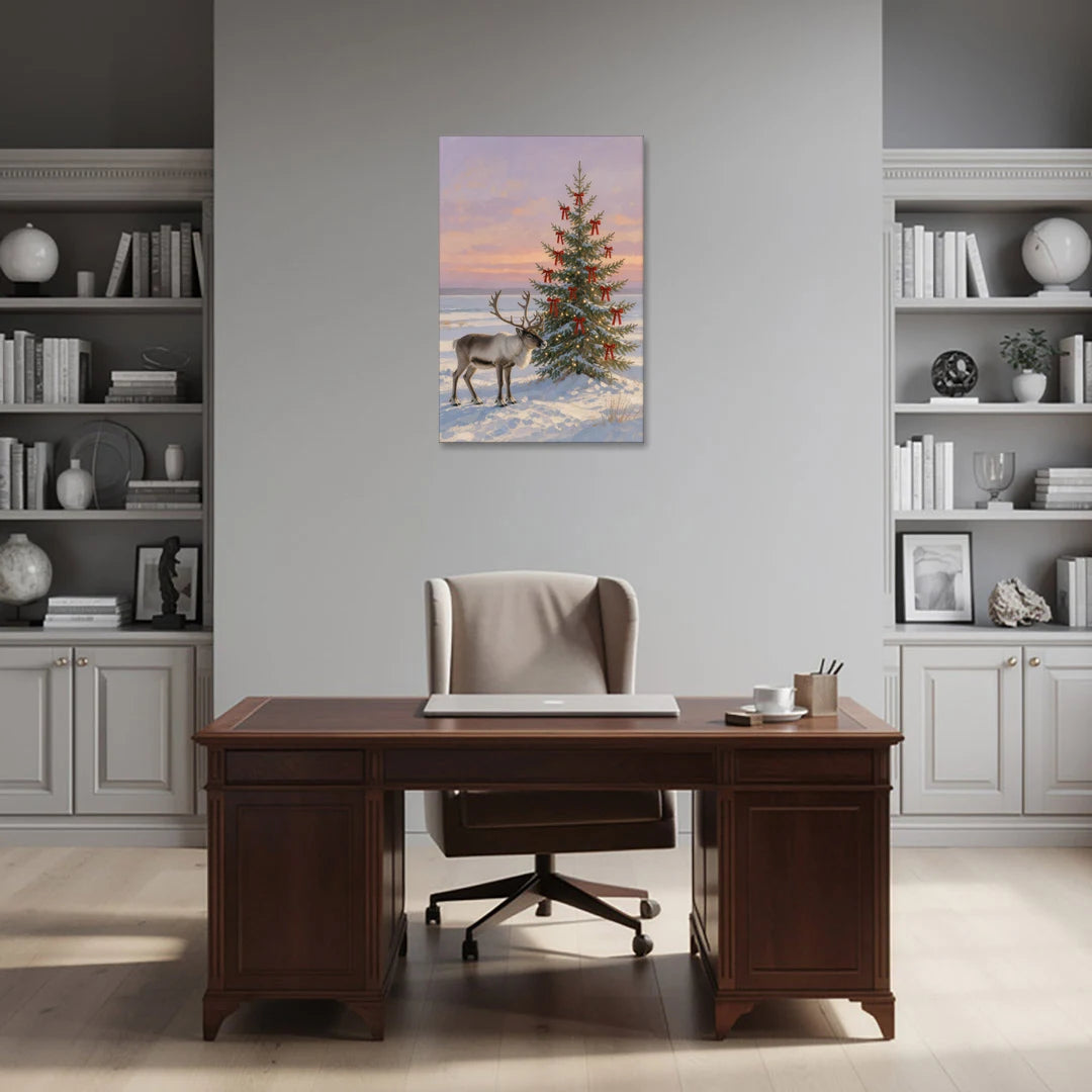 Reindeer by the Ribbon Fir - Christmas Canvas Wall Art for Living Room - Canvas Wall Art - Office - 24x36