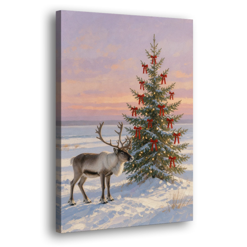 Christmas Reindeer by the Ribbon Fir for the Living Room - Canvas Wall Art