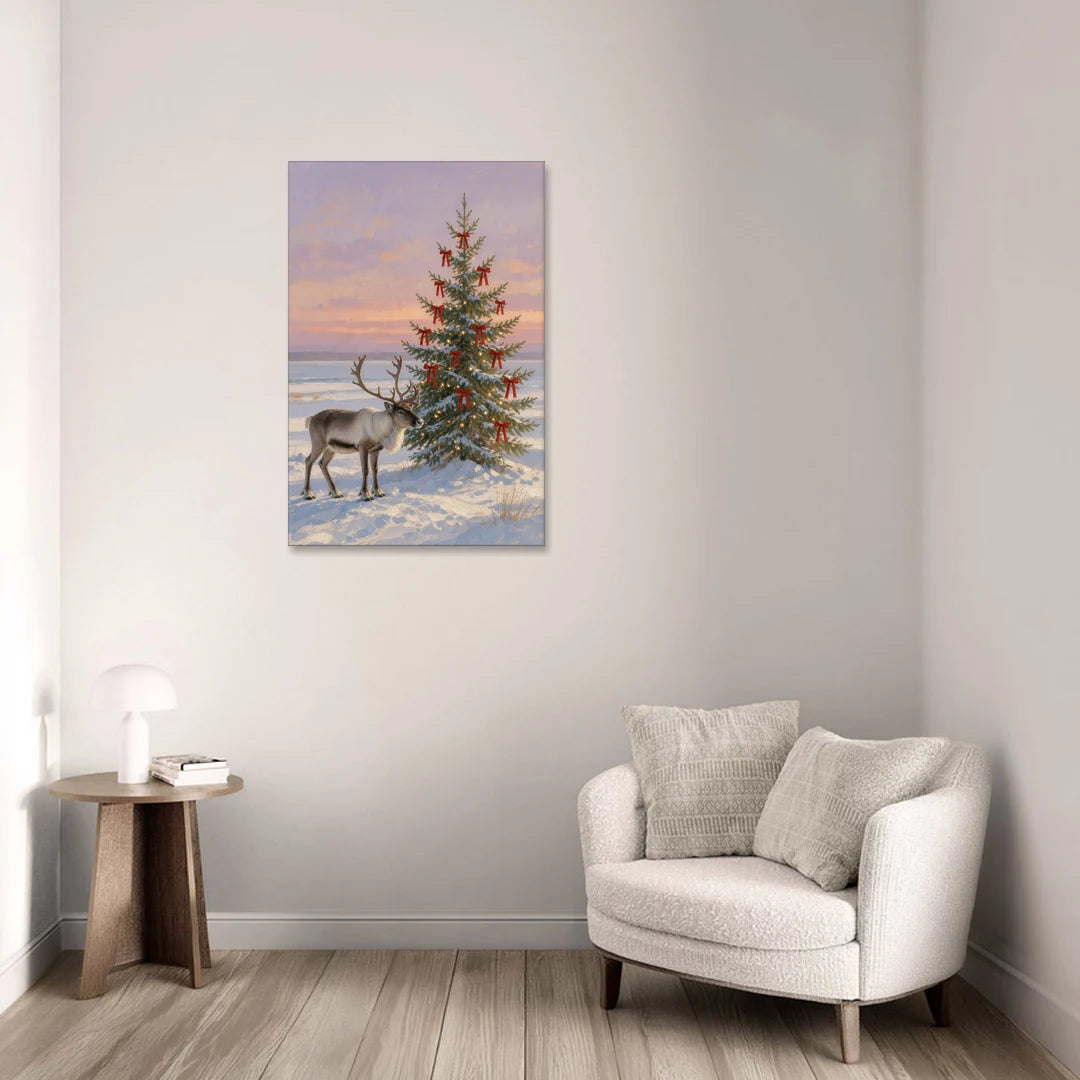 Reindeer by the Ribbon Fir - Christmas Canvas Wall Art for Living Room - Canvas Wall Art - Sofa - 24x36