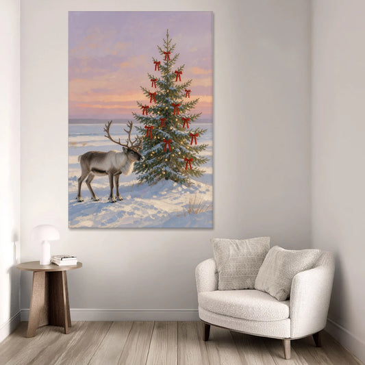Christmas Reindeer by the Ribbon Fir for the Living Room - Canvas Wall Art - Sofa - 40x60