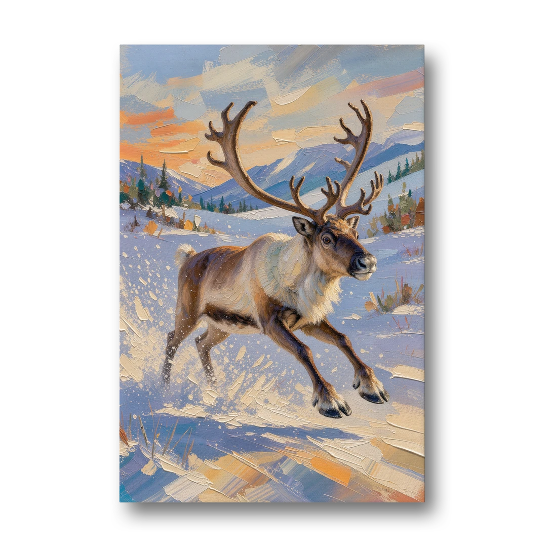 Reindeer in Snow Painting at Full Gallop - Canvas Wall Art - Front