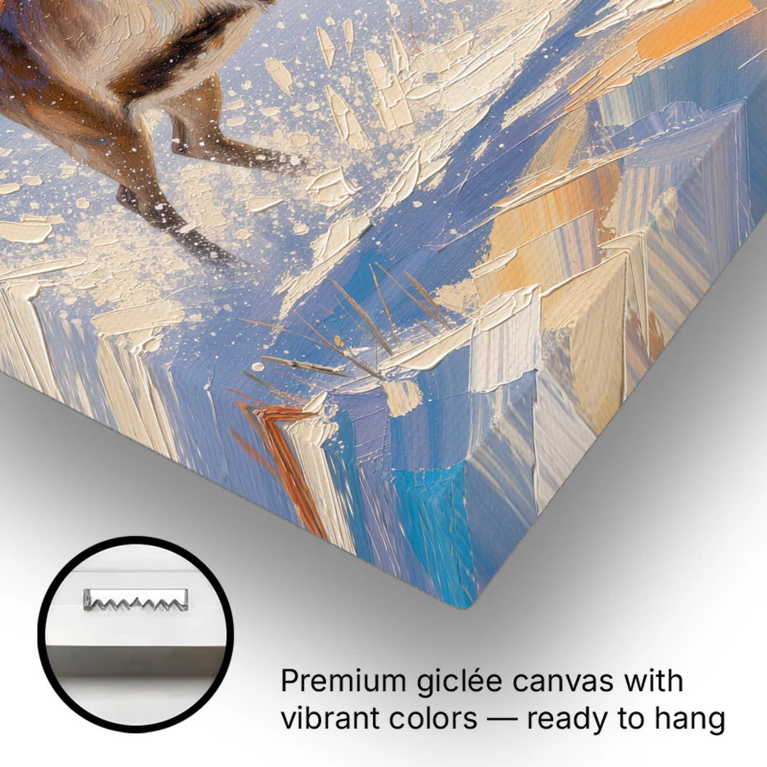 Reindeer in Snow Painting at Full Gallop - Canvas Wall Art - Gallery Wrap Corner