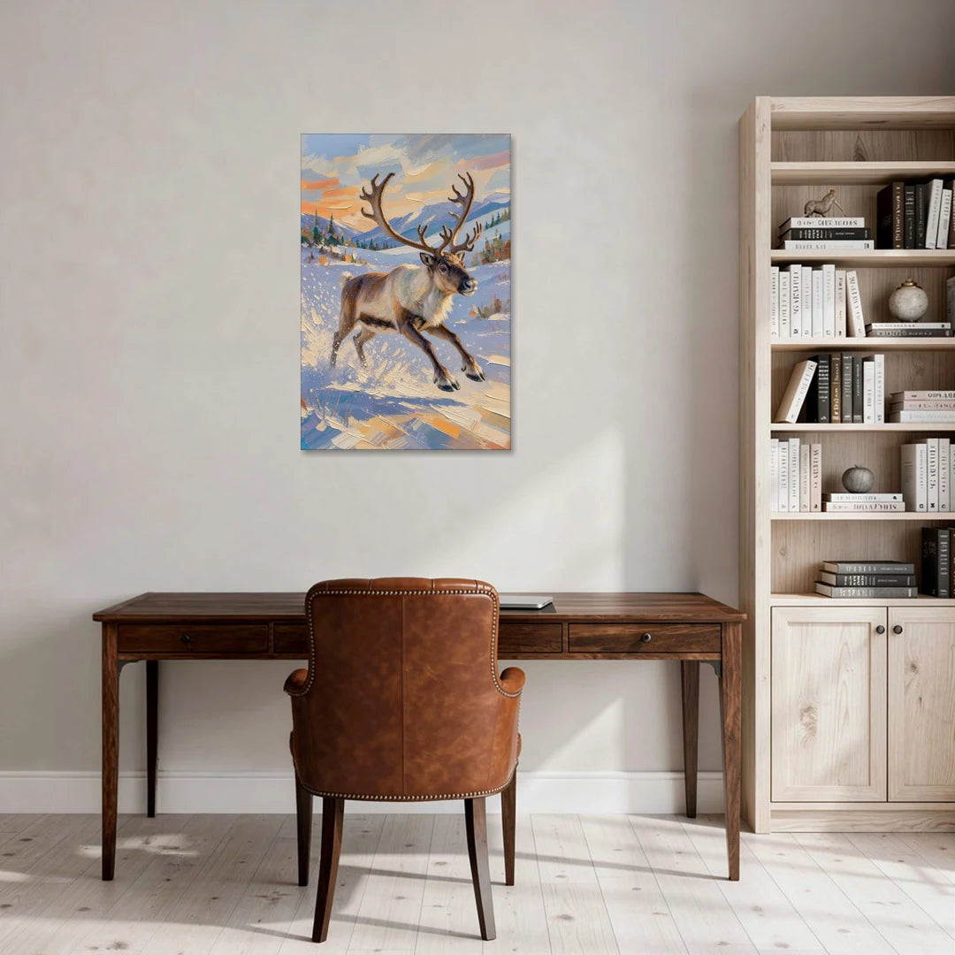 Reindeer in Snow Painting at Full Gallop - Canvas Wall Art - Office - 24x36