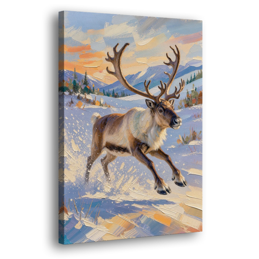 Reindeer in Snow Painting at Full Gallop - Canvas Wall Art - Side