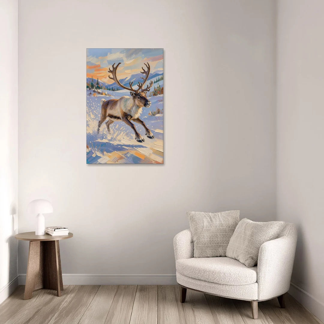 Reindeer in Snow Painting at Full Gallop - Canvas Wall Art - Sofa - 24x36
