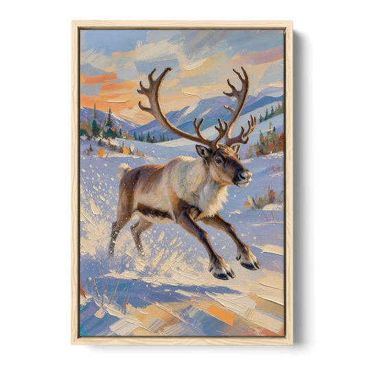 Reindeer in Snow Painting at Full Gallop - Oak Framed Canvas Wall Art - Front