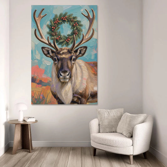 Reindeer with Evergreen Wreath on Antlers - Canvas Wall Art - Sofa - 40x60