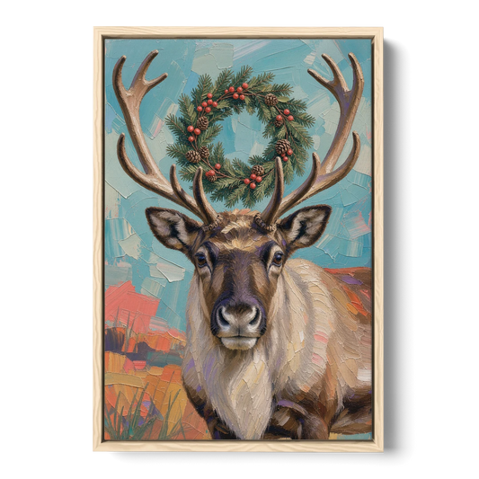 Reindeer with Evergreen Wreath on Antlers - Oak Framed Canvas Wall Art - Front