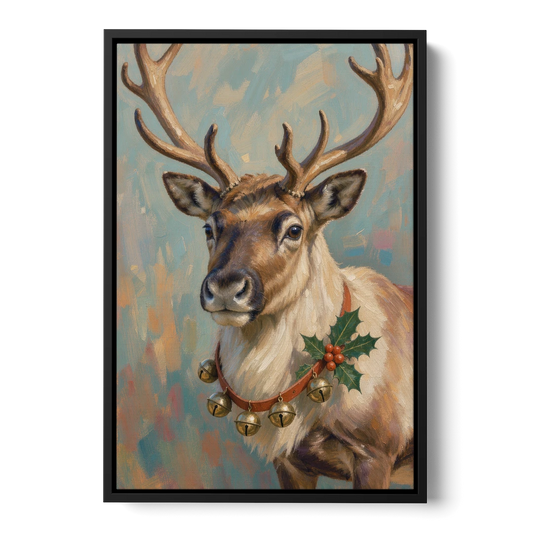 Reindeer with Jingle Bell Collar and Holly - Black Framed Canvas Wall Art - Front