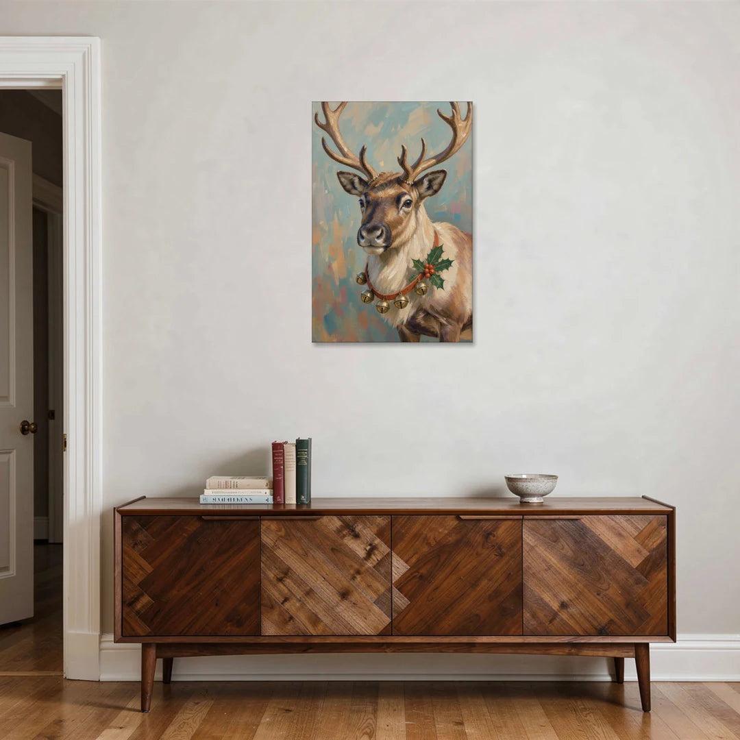 Reindeer with Jingle Bell Collar and Holly - Canvas Wall Art - Coffee Table - 24x36