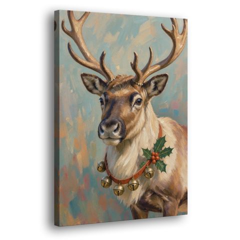Reindeer with Jingle Bell Collar and Holly - Canvas Wall Art