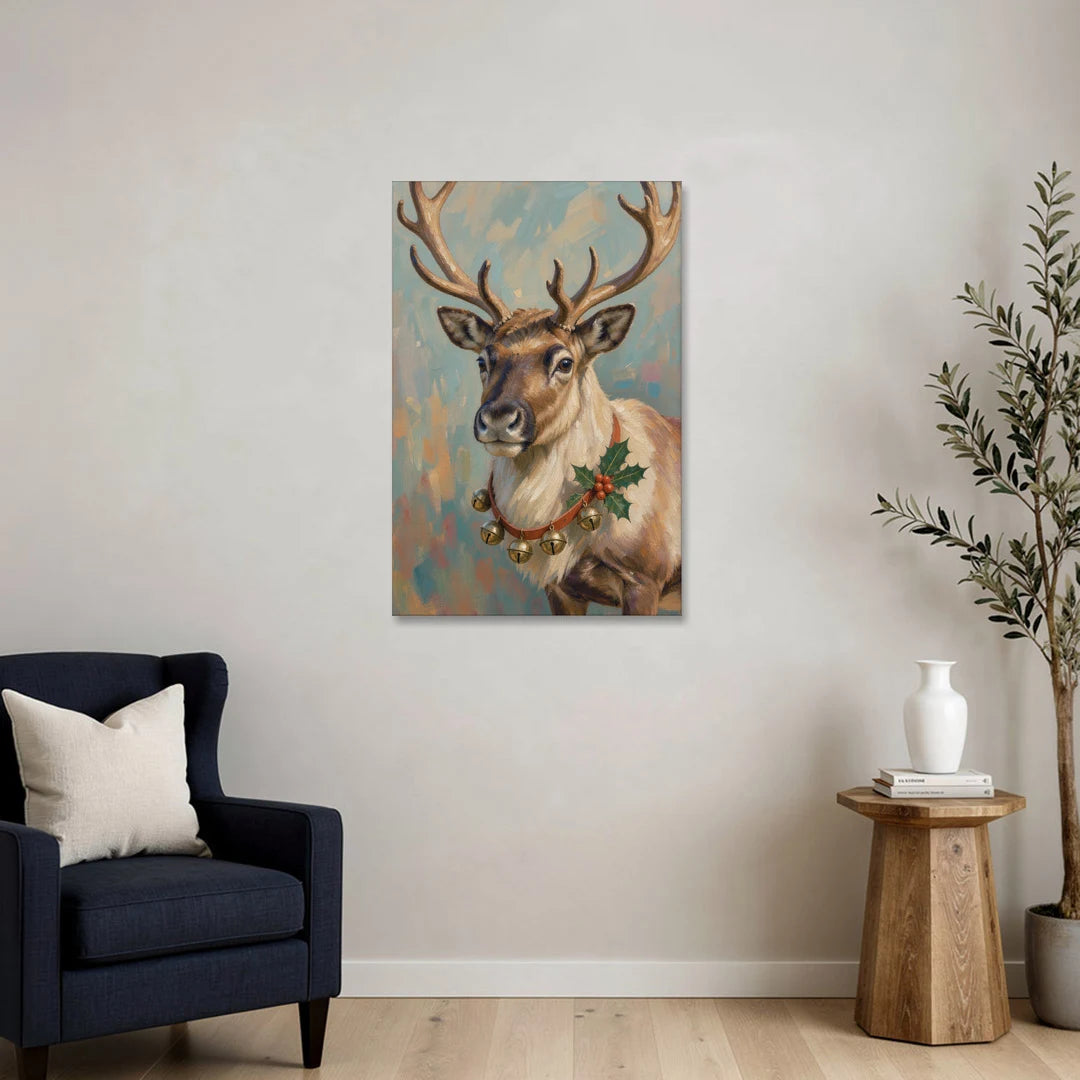 Reindeer with Jingle Bell Collar and Holly - Canvas Wall Art - Sofa - 24x36