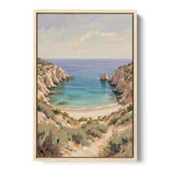 Relaxing Ochre Cliff Cove for the Spa Bathroom - Oak Framed Canvas Wall Art - Front