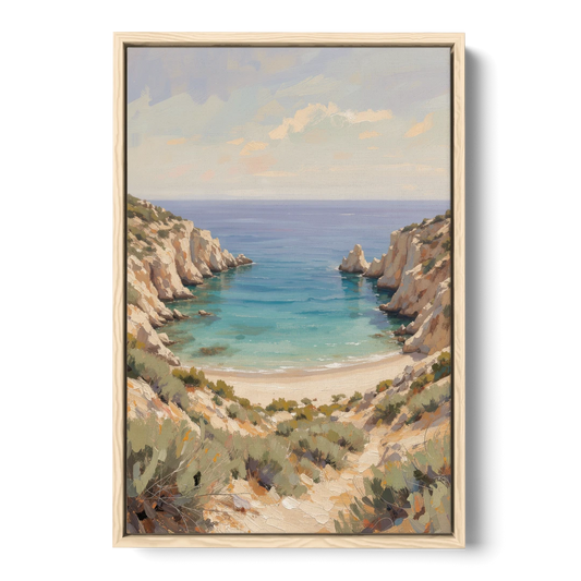 Relaxing Ochre Cliff Cove for the Spa Bathroom - Oak Framed Canvas Wall Art - Front