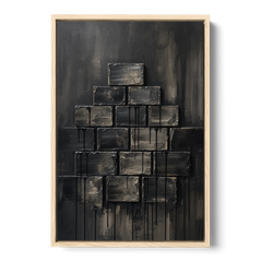 Relief Wall Art of Stacked Charcoal Blocks - Oak Framed Canvas Wall Art - Front