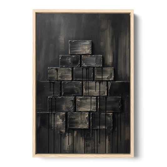 Relief Wall Art of Stacked Charcoal Blocks - Oak Framed Canvas Wall Art - Front