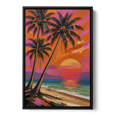 Retro Beach Wall Art with Palm Trees at Sunset - Black Framed Canvas Wall Art - Front