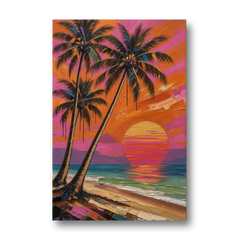 Retro Beach Wall Art with Palm Trees at Sunset - Canvas Wall Art - Front