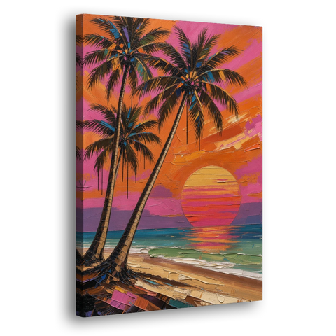 Retro Beach Wall Art with Palm Trees at Sunset - Canvas Wall Art - Side