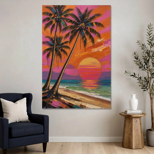 Retro Beach Wall Art with Palm Trees at Sunset - Canvas Wall Art - Sofa - 40x60
