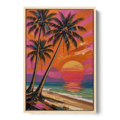 Retro Beach Wall Art with Palm Trees at Sunset - Oak Framed Canvas Wall Art - Front