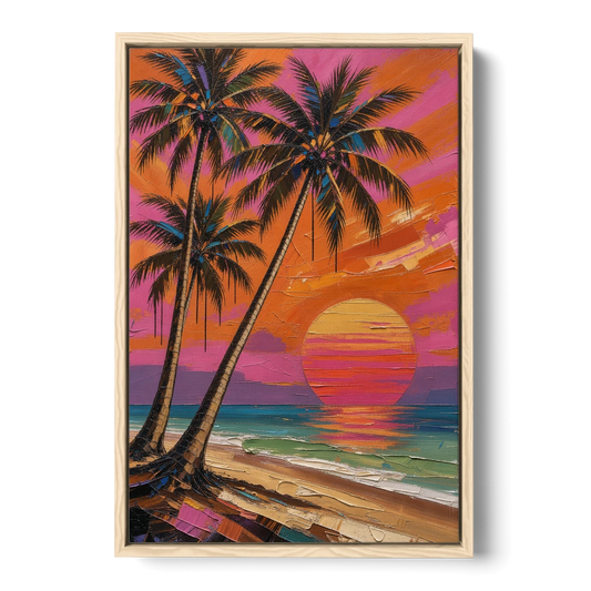 Retro Beach Wall Art with Palm Trees at Sunset - Oak Framed Canvas Wall Art - Front