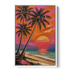 Retro Beach Wall Art with Palm Trees at Sunset - White Framed Canvas Wall Art - Front