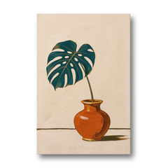 Retro Botanical Prints Monstera Leaf in a Clay Vase - Canvas Wall Art - Front