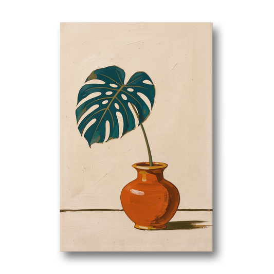 Retro Botanical Prints Monstera Leaf in a Clay Vase - Canvas Wall Art - Front