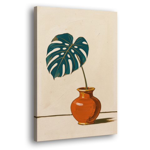 Retro Botanical Prints Monstera Leaf in a Clay Vase - Canvas Wall Art - Side