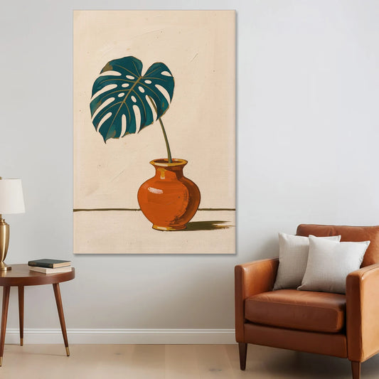 Retro Botanical Prints Monstera Leaf in a Clay Vase - Canvas Wall Art - Sofa - 40x60